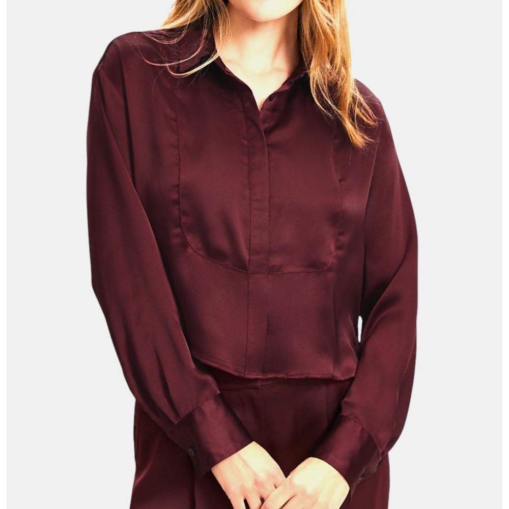 ANN TAYLOR LOFT Satin Modern Bib Shirt Top Blouse BURGUNDY RED Button-Up SIZE XS